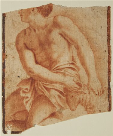 Artista del secolo XVIII "Figura maschile con capra" matita rossa su carta...