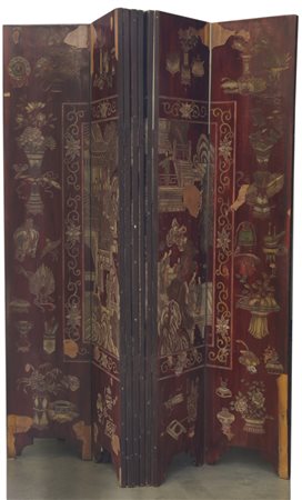 Paravento a otto ante in legno con decorazione policroma incisa (difetti e...