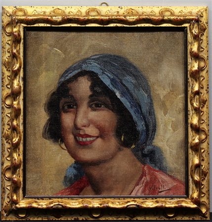 Scuola del XIX Secolo "Ritratto di donna con foulard" olio su tela (cm 27x26)...