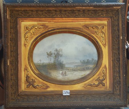 Angelo Beccaria (Torino 1820 - 1897)"Veduta lacustre con figure" tempera su...