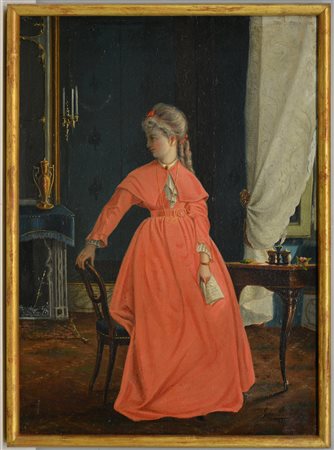 Gius. Rubelli "Interno con figura di donna" 1870, olio su tela (cm 50x36)...