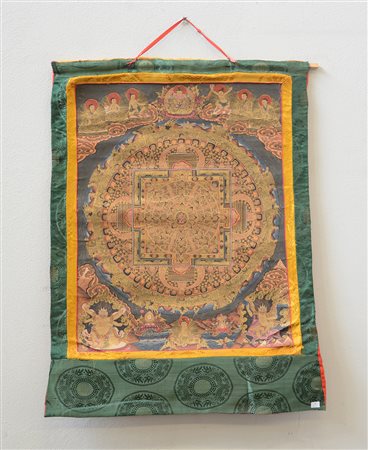 Thangka raffigurante Mandala, inchiostro e colori su tela (lievi...