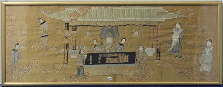 Frammento di pannello in raso di seta color rosa, ricamato in seta e fili...