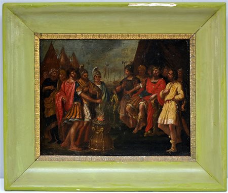 Scuola del secolo XVIII, "La prova di Muzio Scevola" olio su tela (cm 31x40)...