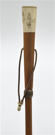 Bastone con presa in avorio incisa a paesaggio olandese con figure. Foro...