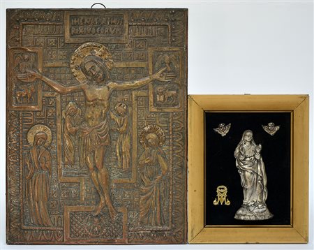 Lotto composto da un'icona in rame sbalzato (cm 30x39) e una placca...