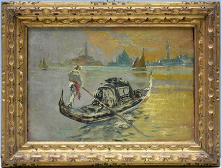 Ignoto "Laguna veneta con gondola" olio su tela (cm 28x40) Al retro:...