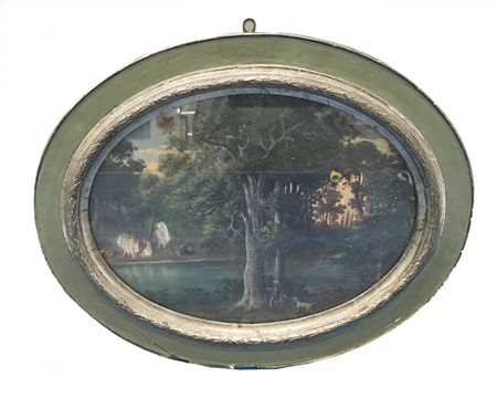 Cecconi A. “Paesaggio fluviale con bagnanti” tecnica mista su cartoncino...