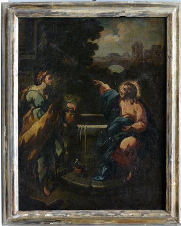 Scuola del secolo XVII "Samaritana al pozzo" olio su tela (cm 72x56) in...