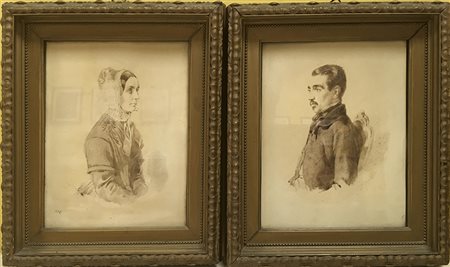 Antonio Bignoli (Milano 1812 - 1886)"Ritratti" coppia di disegni ad...