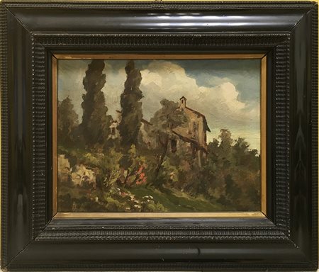Carlo Sartorelli (Venezia 1896 - Milano 1956)"Paesaggio con case" olio su...