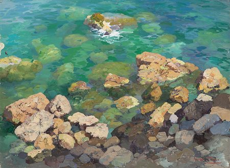 Giuseppe Pesa (Polistena 1928 - 2000)"Calme acque sugli scogli"olio su...