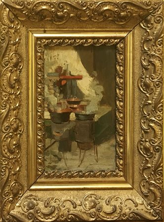 Maestro lombardo del secolo XIX "Interno con cucina" olio su cartone pressato...