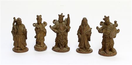 Cinque sculturine in bronzo raffiguranti immortali taoisti (h. max cm 8)Cina,...