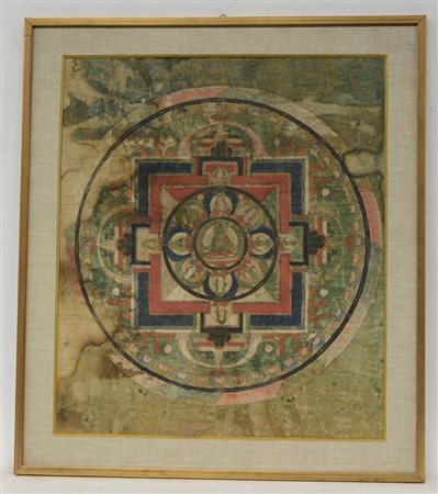 Thangka raffigurante Mandala, inchiostro e colori su tela (difetti)Tibet,...