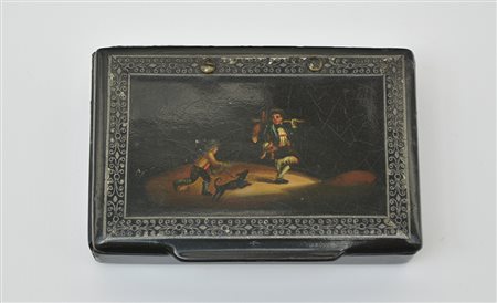 Arte russa secolo XIX. Tabacchiera in lacca con coperchio decorato a scena...