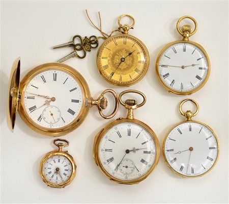 Lotto composto da sei orologi da tasca in oro e metallo di diverse dimensioni...