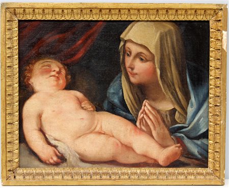Da Sassoferrato, secolo XVIII "Adorazione del Bambino dormiente" olio su tela...