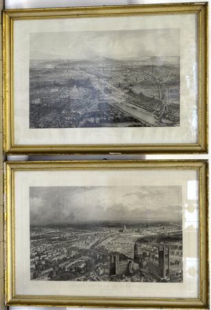 Due stampe a volo d'uccello raffiguranti vedute di Londra e Parigi (cm 70x...