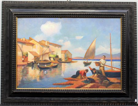 Ignoto, “Scorcio di lago con pescatori”, olio su compensato (cm 45x65), in...