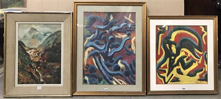 Lotto di tre dipinti ad olio di soggetto, autori e dimensioni differenti. In...