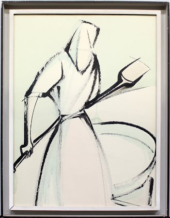 Ignoto del secolo XX, "Figura con pala" tecnica mista su carta (cm 65x48) in...