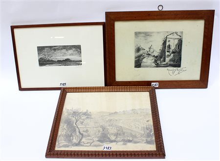 Lotto composto da un disegno e due acquaforti firmate, in cornici (difetti)