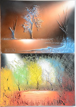 Lotto di cinque tecniche miste raffiguranti alberi firmate Salvo, una in cornice