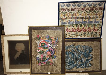 Lotto composto da una riproduzione di una stampa settecentesca, due pannelli...