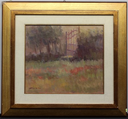 Firma indecifrata, “Scorcio di prato”, olio su tela (cm 35x40) firmato in...