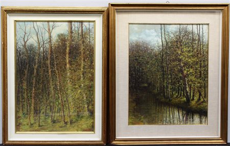 Fiocchi - Lotto due dipinti ad olio raffiguranti scorci boschivi, misure...