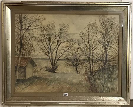 Ignoto, ''Paesaggio con alberi'' acquerello (cm 48x64) in cornice (lievi...