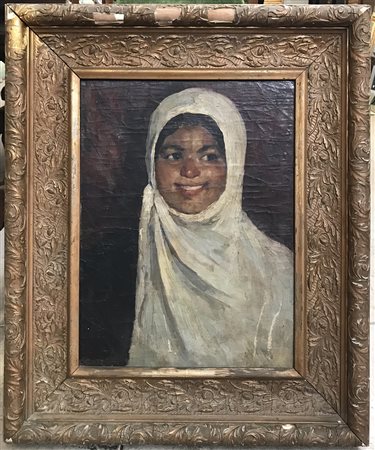 Firma indecifrata "Ritratto di fanciulla orientale" olio su tela (cm 46 34,5)...