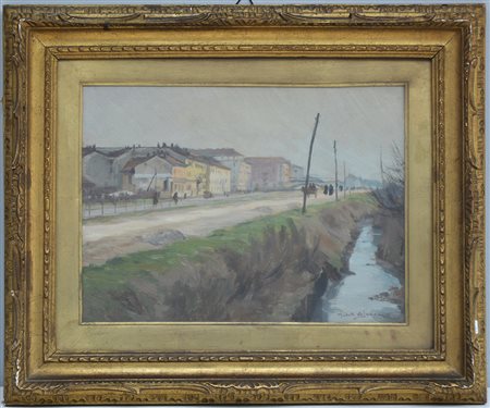 Michele De Simone "Scorcio del Naviglio" olio su compensato (cm 30x40)...