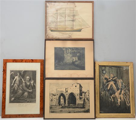Lotto composto da cinque stampe di autori e soggetti diversi, in cornici...