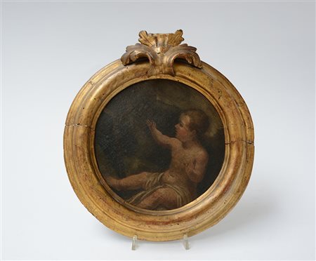 Antico frammento raffigurante San. Giovannino, olio su cartone pressato (d....