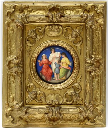 Arte del secolo XIX, ''La lezione'' placca tonda in smalto decorata in...