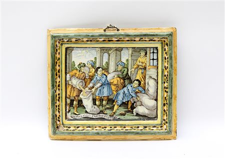 Manifattura del secolo XIX, placca in maiolica policroma decorata con scena...