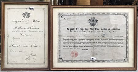 Lotto di due documenti in cornice. Il primo è un documento della città di...