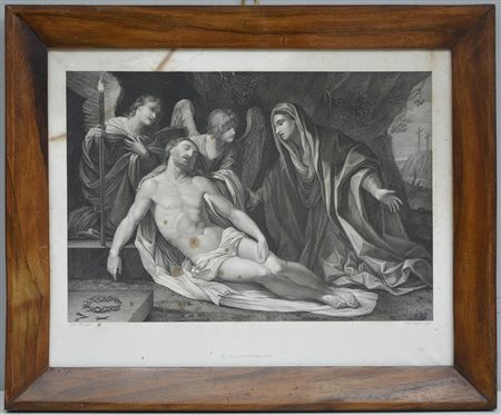 Incisione del secolo XIX raffigurante una Deposizione da Guido Reni (cm...