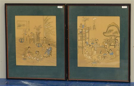 Coppia di stampe ad inchiostro e colore su carta raffiguranti dame in interni...