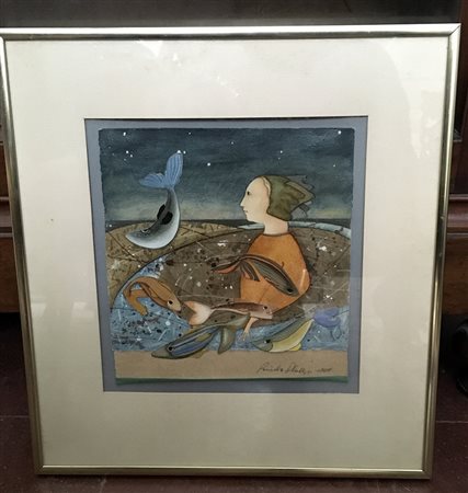 Pamela Phillips "Predawn frolic" tecnica mista con collage su carta (cm...