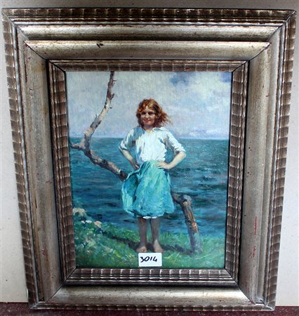 Scuola del secolo XX, "Bimba in riva al lago" olio su tavola (cm 24x18) in...
