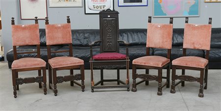 Lotto composto da un gruppo di quattro sedie con seduta e schienale rivestite...