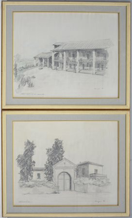 Firma indecifrata, due disegni raffiguranti scorci di Mozzanica, in cornici