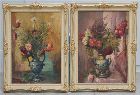 Mario Capuzzo (Badia Polesine 1902 - 1978)"Composizione di fiori" coppia di...