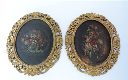 Ignoto "Nature morte con vasi di fiori" quattro dipinti ovali ad olio (cm...
