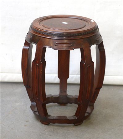 Tavolino tondo con sostegni sagomati e raccordati e piano in radica. Cina,...