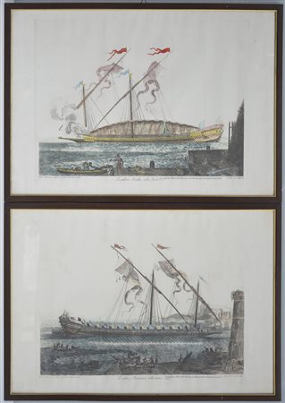 Coppia di acqueforti a colori raffiguranti galere