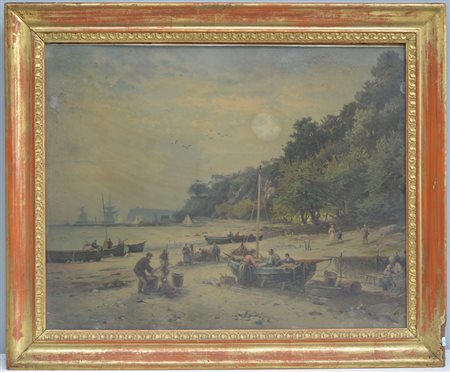Oleografia raffigurante figure in riva al mare in cornice del secolo XIX (cm...
